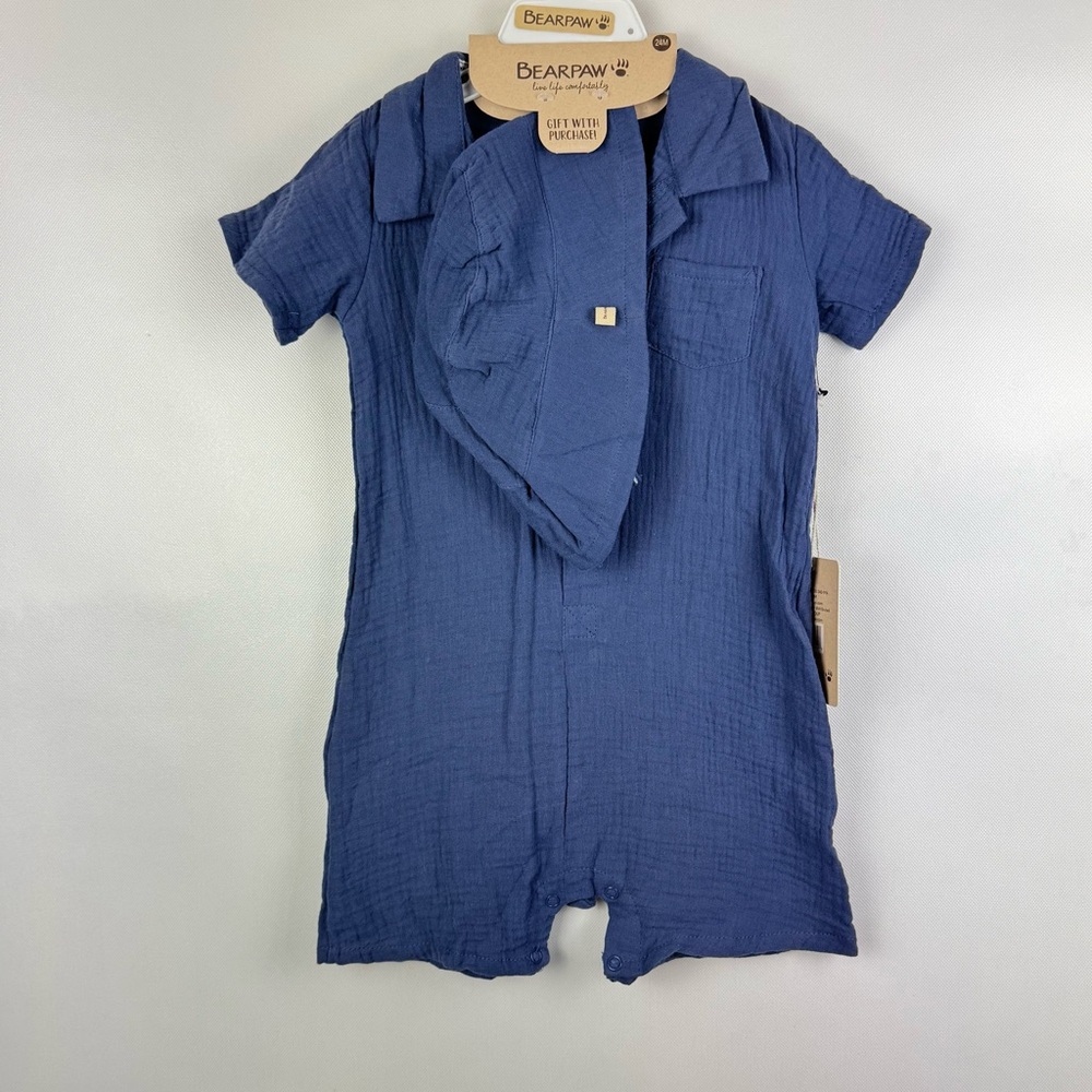 Bearpaw Blue Baby Romper with bucket hat size 24 months NWT